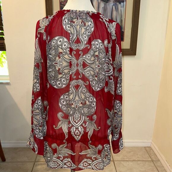 Chico’s Sheer Burgundy Paisley Ruffle Sleeve Tie Front Tunic Size 3 (XL) - Picture 10 of 11